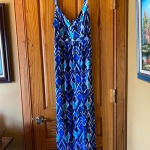 Long blue and white print halter dress, size med, Fashion Bug